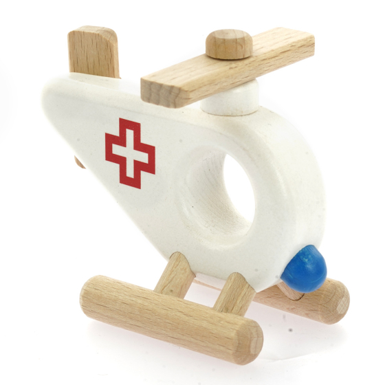 Bajo plastic-free wooden ambulance helicopter toy on a white background
