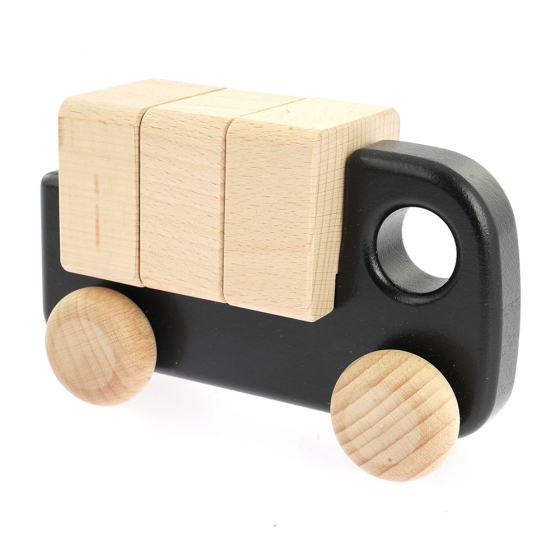 Bajo children's plastic-free wooden truck with blocks toy in the black colour on a white background