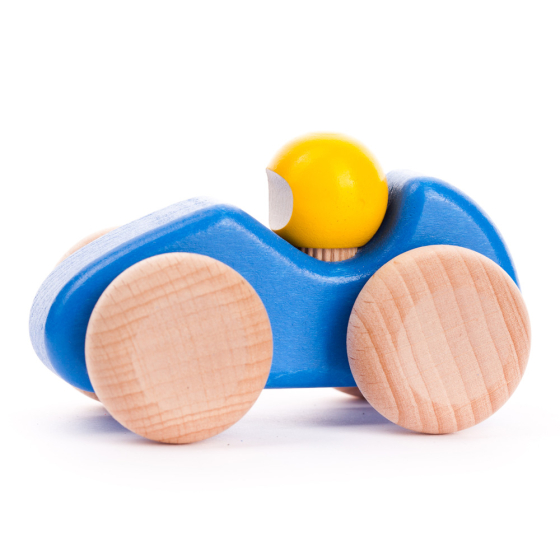 Bajo blue handmade wooden race car toy on a white background