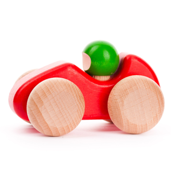 Bajo kids handmade wooden race car in red on a white background