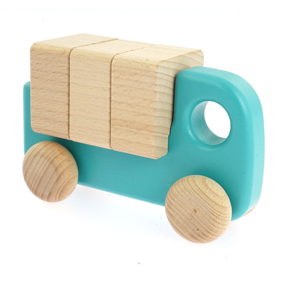 Bajo children's plastic-free wooden truck with blocks toy in the light blue colour on a white background