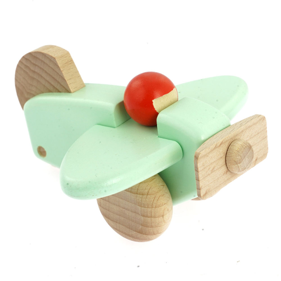 Bajo children's handmade wooden plane with pilot toy in the mint colour on a white background