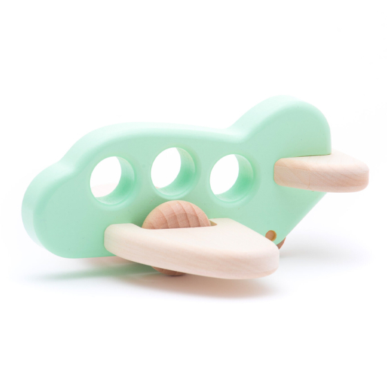 Bajo children's handmade wooden plane toy in the mint colour on a white background