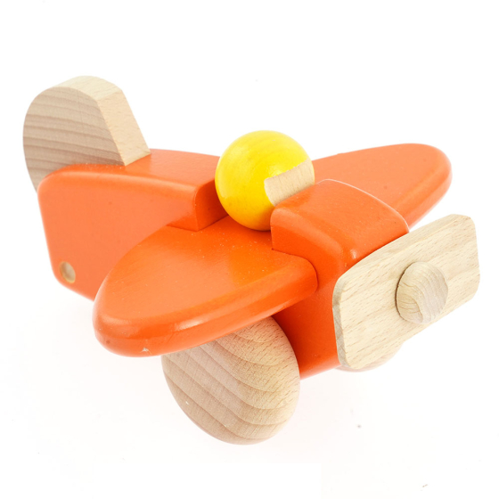 Bajo children's handmade wooden plane with pilot toy in the orange colour on a white background