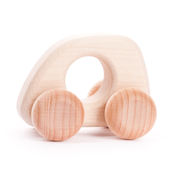 Bajo kids handmade natural wooden mini car toy on a white background