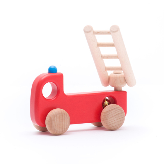 Bajo sustainable wooden fire engine toy truck on a white background