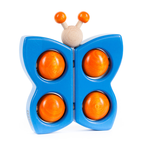 Bajo plastic-free blue wooden butterfly baby teething toy on a white background