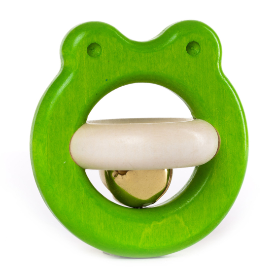 Bajo plastic-free wooden frog baby rattle on a white background