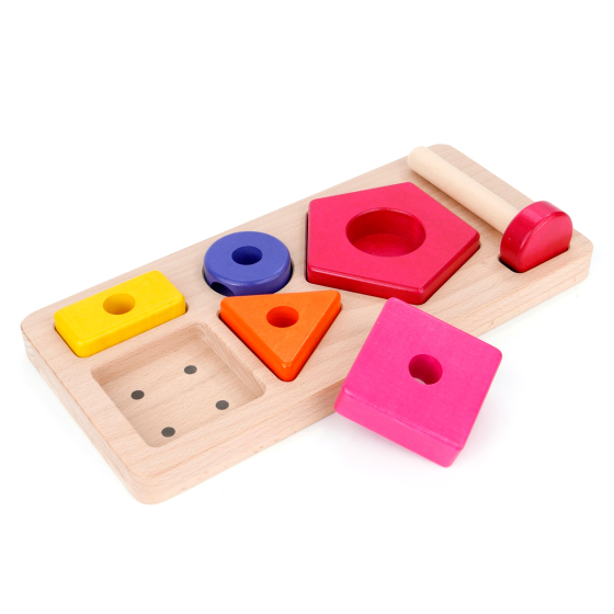 Bajo plastic-free wooden pyramid shape stacker toy set slotted in its wooden base on a white background