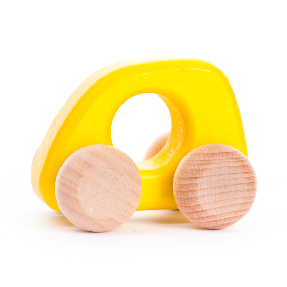 Bajo kids handmade yellow wooden mini car toy on a white background