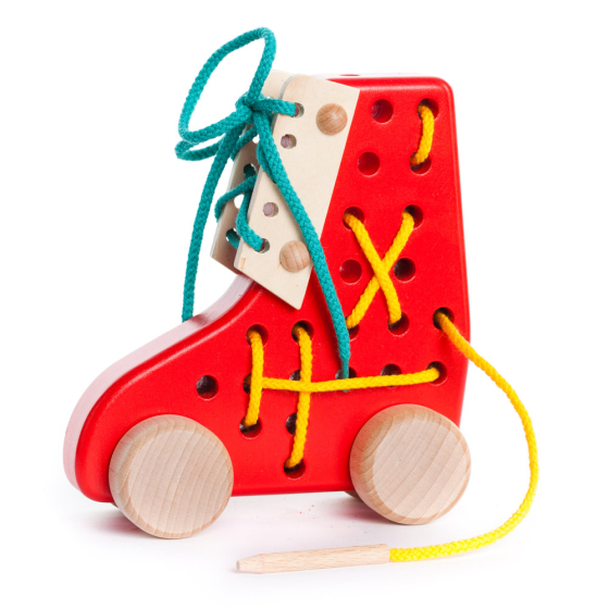 Bajo kids wooden lacing shoe toy in red on a white background