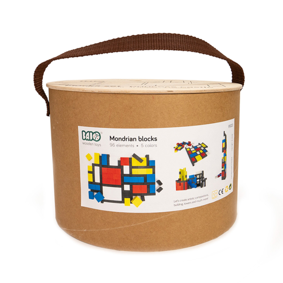 Bajo childrens wooden Mondrian toy blocks box on a white background