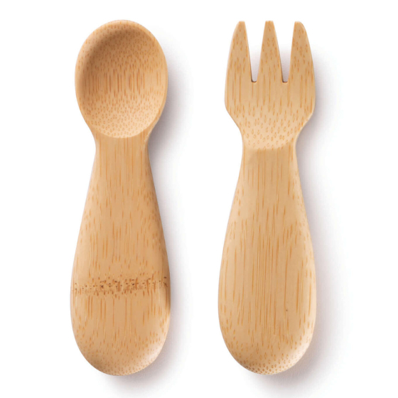Bambu Baby Spoon and Fork set pictured on a plain white background