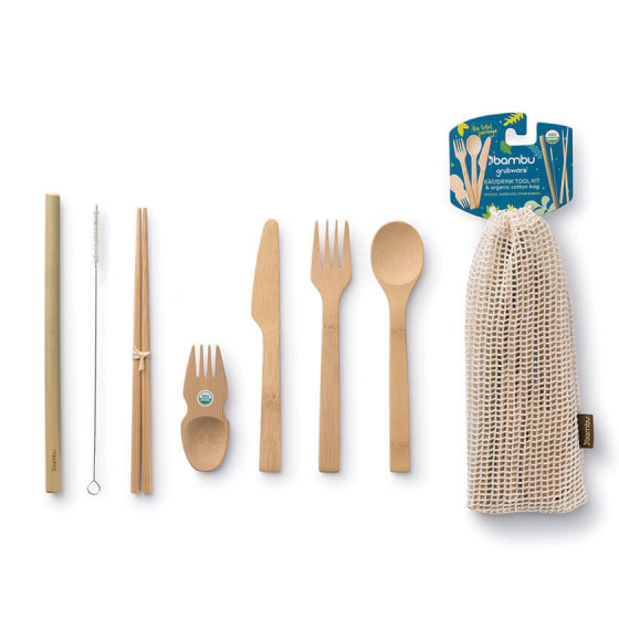 Bambu Eat & Drink Tool Kit with net storage bag pictured on a plain white background
