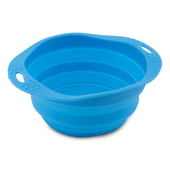 Beco Pets blue sustainable rubber pet travel bowl on a white background.