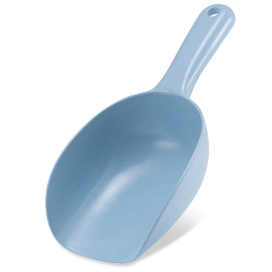 Beco Pets blue sustainable bamboo pet food scoop on a white background.