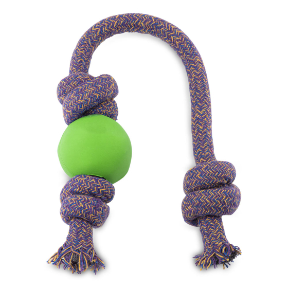 Beco Pets natural rubber ball on rope dog toy on a white background.