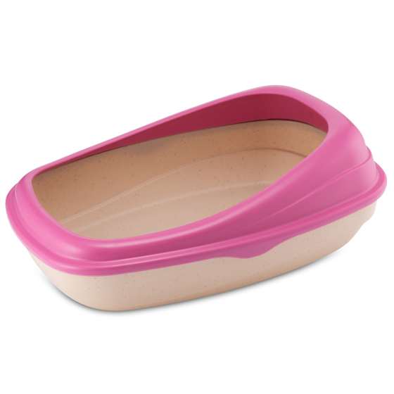Beco Pets pink sustainable bamboo cat litter tray on a white background.