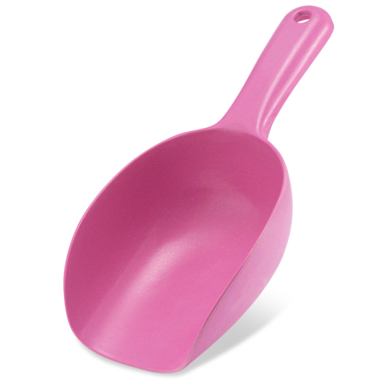 Beco Pets pink sustainable bamboo pet food scoop on a white background.