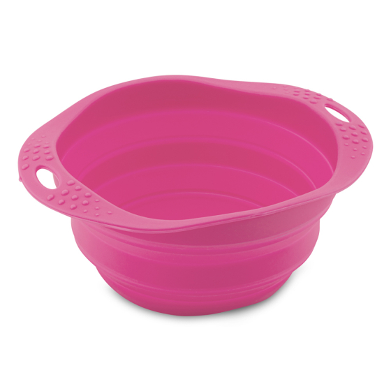 Beco Pets pink sustainable rubber pet travel bowl on a white background.