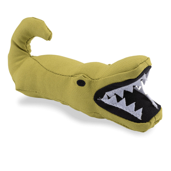 Beco Pets recycled plastic cuddly alligator pet toy on a white background.

