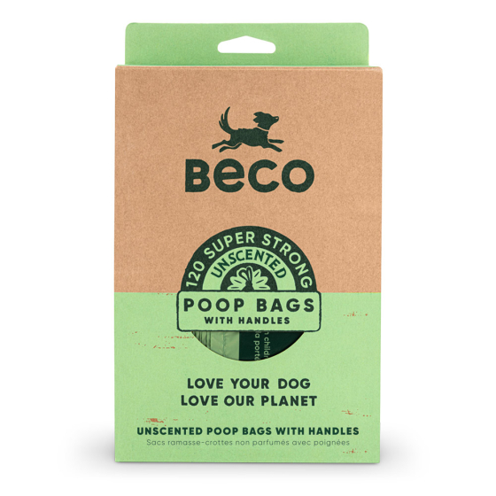 Beco Pets sustainable recycled plastic dog waste bags with handles on a white background