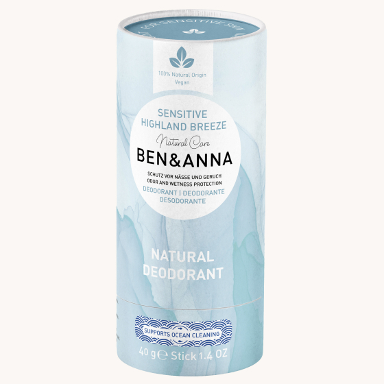 Ben & Anna Deodorant Paper Stick For Sensitive Skin - Highland Breeze 40g. A 100% Natural, Organic and Vegan deodorant in a recyclable paper tube, on a white background