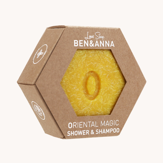 Ben & Anna Oriental Magic Shower and Shampoo solid soap bar on a cream background