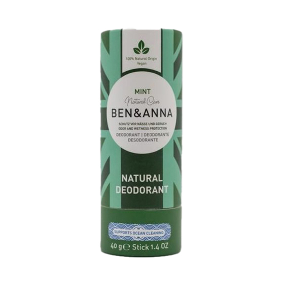 Ben & Anna eco-friendly 40g paper deodorant stick in the mint scent on a white background