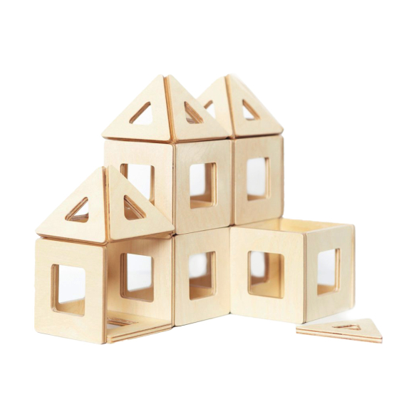 Big Future toys magnetic earth tiles stacked up into a house shape on a white background