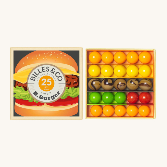 Billes & Co kids B Burger recycled glass marbles mini box open on a white background showing the marbles inside