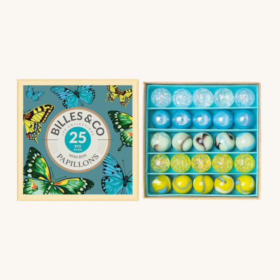 Billes & Co kids Butterfly recycled glass marbles mini box open on a white background showing the marbles inside