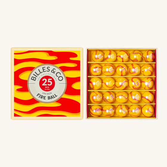 Billes & Co kids Fireball recycled glass marbles uni box open on a white background showing the marbles inside
