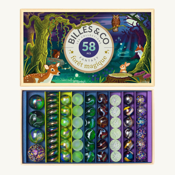 Billes & Co kids recycled glass Magic Forest marbles set open on a white background showing the colourful marbles inside