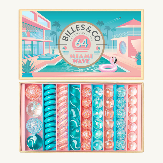 Billes & Co kids recycled glass Miami Wave marbles set open on a white background showing the colourful marbles inside