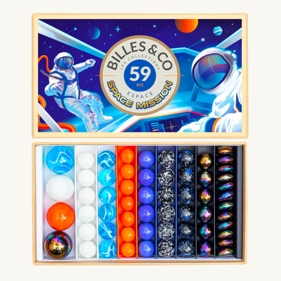 Billes & Co kids recycled glass Space Mission marbles set open on a white background showing the colourful marbles inside