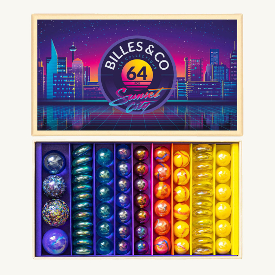 Billes & Co kids recycled glass Sunset City marbles set open on a white background showing the colourful marbles inside
