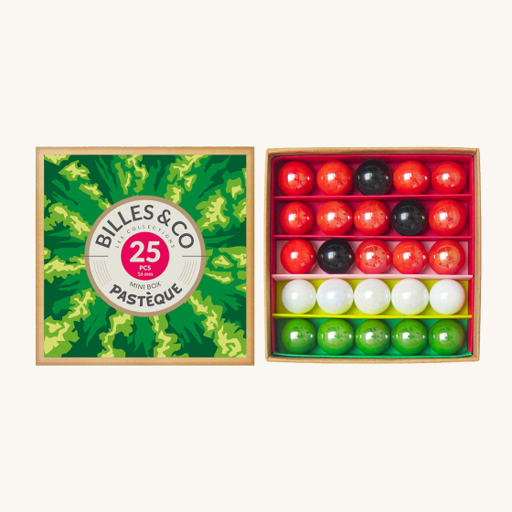 Billes & Co kids Watermelon recycled glass marbles mini box open on a white background showing the marbles inside