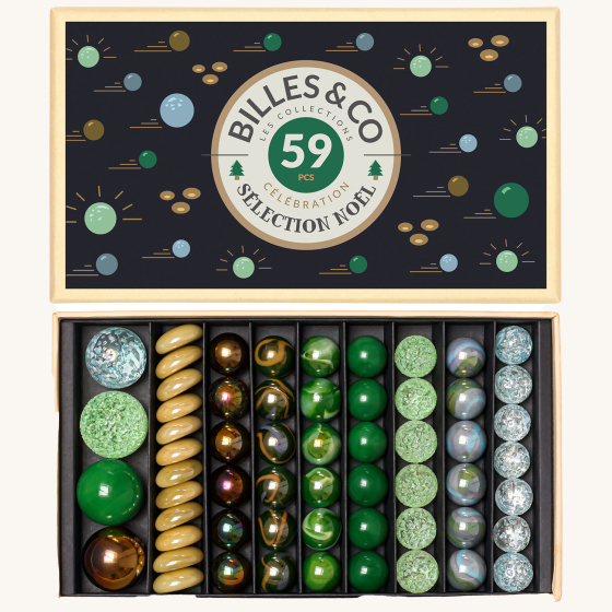Billes & Co Christmas Selection Glass Marbles Set box, with various green, yellow and frosted marbles inside their box, on a cream background
