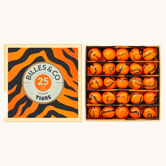 Billes & Co Tiger Glass Marbles Set box, with orange and black striped marbles in an orange and black tiger stripe box, on a cream background