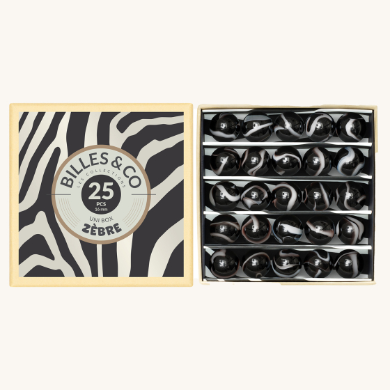 Billes & Co Zebra Glass Marbles Set box, with white and black striped marbles in a white and black Zebra stripe box, on a cream background