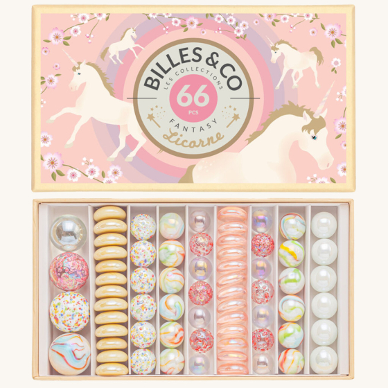 Billes & Co kids recycled glass Unicorn marbles box open on a cream background showing the marbles inside