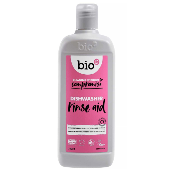 Bio-D 750ml bottle of dishwasher rinse aid pictured on a plain white background 