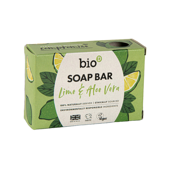 Bio-D eco-friendly lime and aloe vera soap bar on a white background