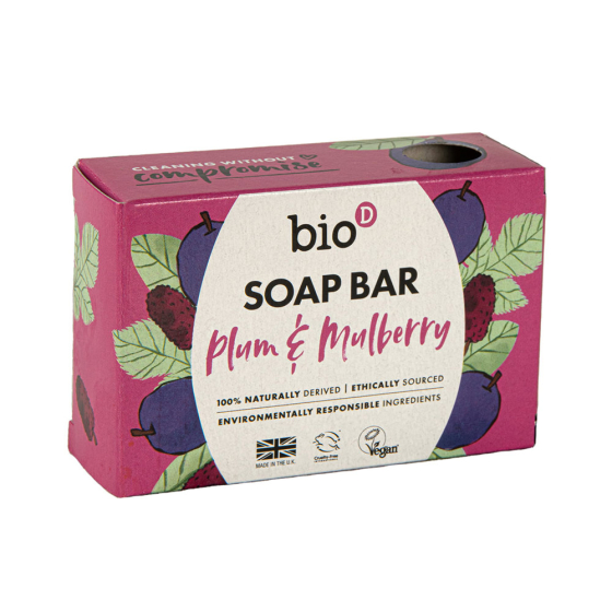 Bio-d natural plum and mulberry solid soap bar on a white background