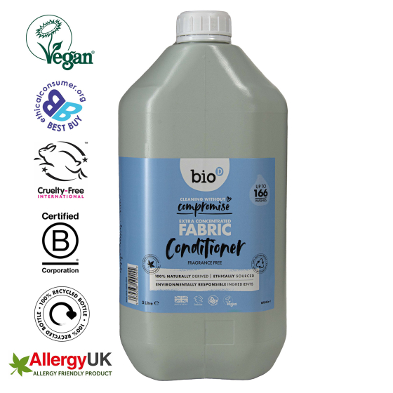 Bio D eco-friendly fragrance free vegan fabric conditioner 5L bottle on a white background