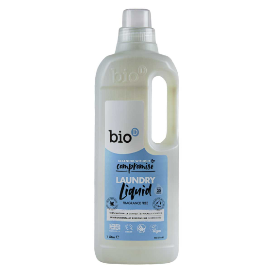 Bio-D Fragrance Free natural, vegan friendly, Laundry Liquid in a 1 litre bottle pictured on a plain white background