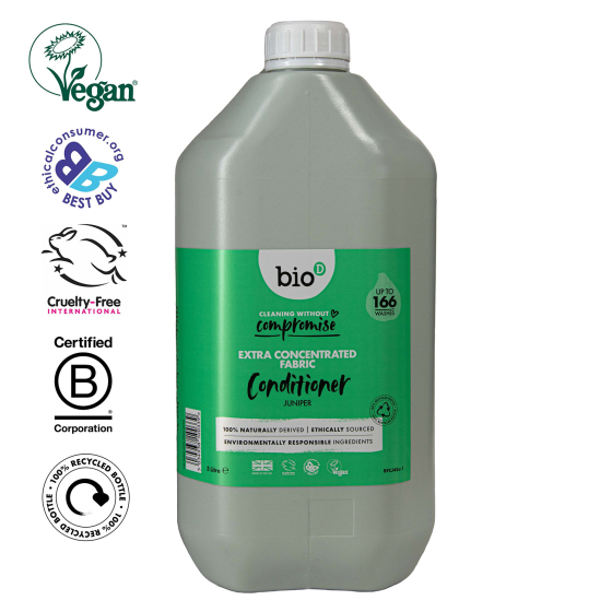 Bio D vegan friendly natural juniper fabric conditioner 5L bottle on a white background