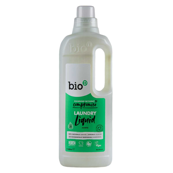 Bio-D Juniper fragranced natural, vegan friendly Laundry Liquid in a 1 litre bottle
