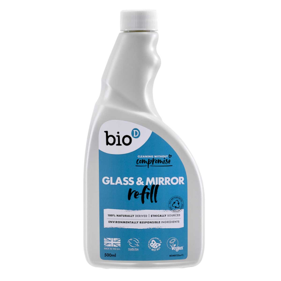 Bio D natural vegan friendly glass and window cleaner 500ml refill bottle pictured on a plain white background